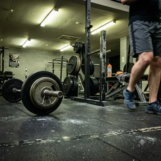 A barbell on the floor of a gym