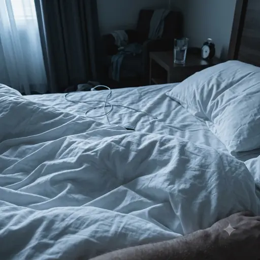 An unmade bed in early morning light